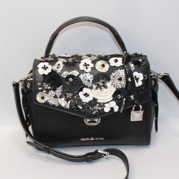 Michael Kors Black Sequined Floral Applique Bristol Small Top Handle Satchel - Picture 2 of 14